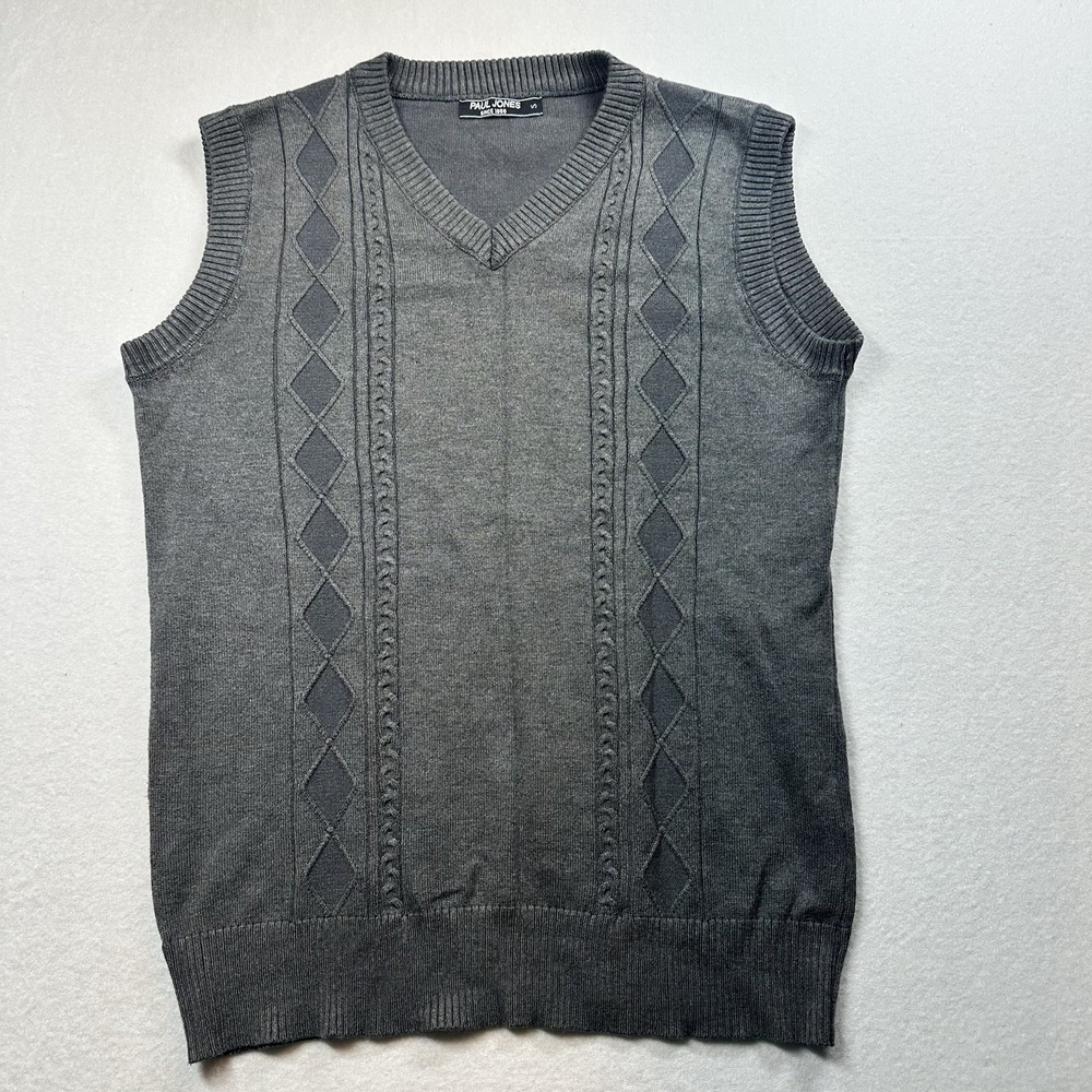 PAUL JONES Mens Sweater Vest Gray V-Neck Cable Knit Argyle Sleeveless Pullover